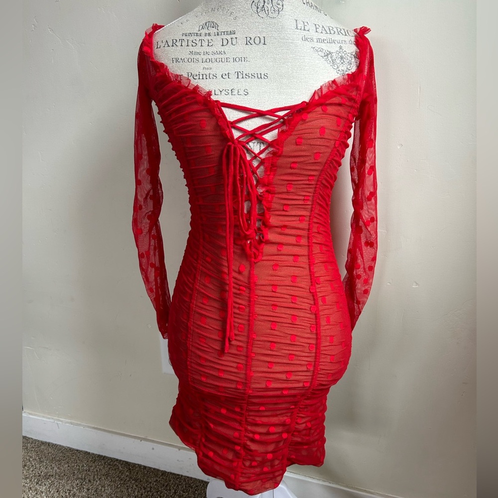 Majorelle Revolve Mesh Polka Dot Mini Dress Off The Shoulder Sexy Dress S Red - Picture 2 of 10